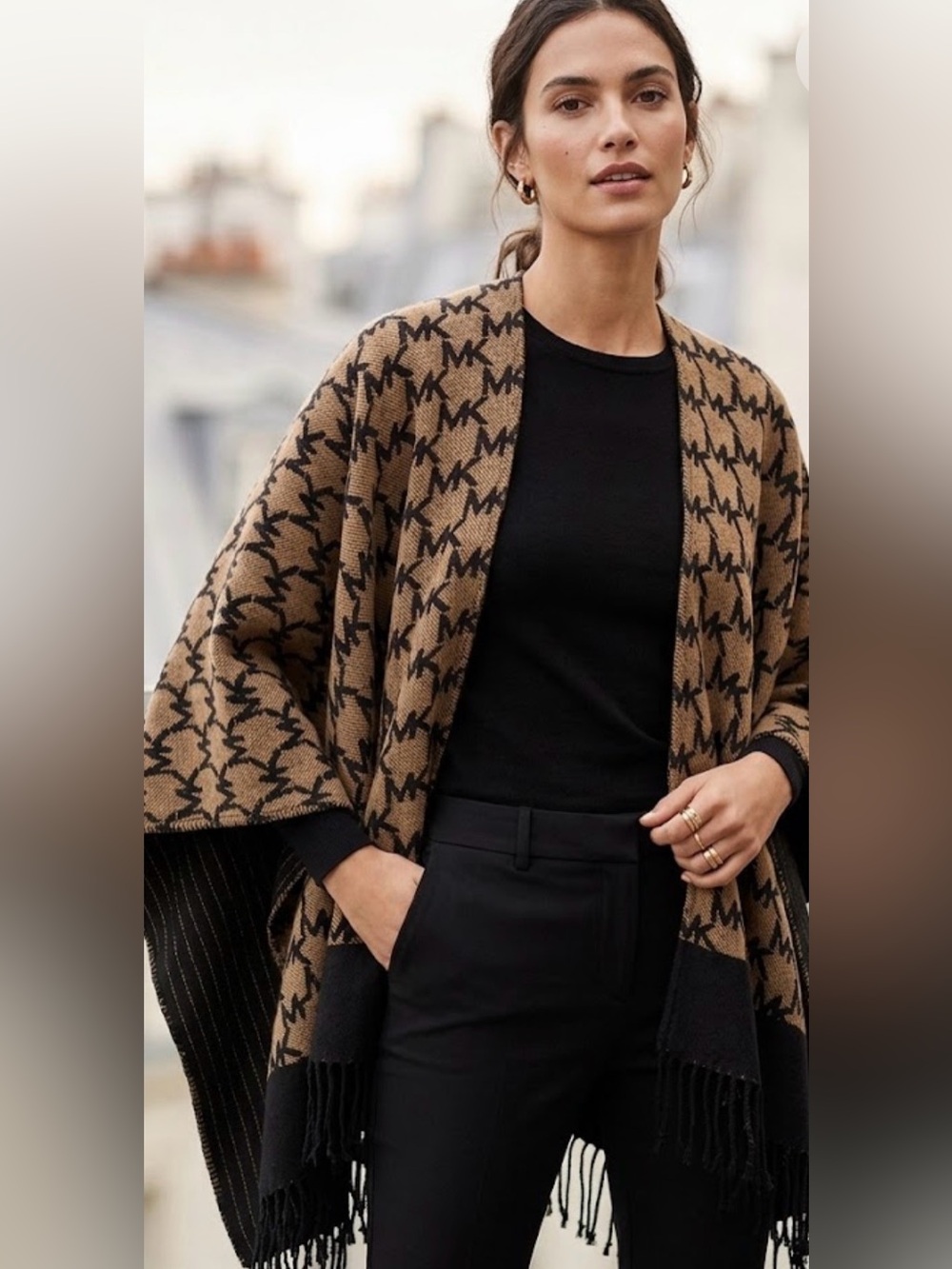 Michael Kors Tan & Black MK Logo Knit Poncho
